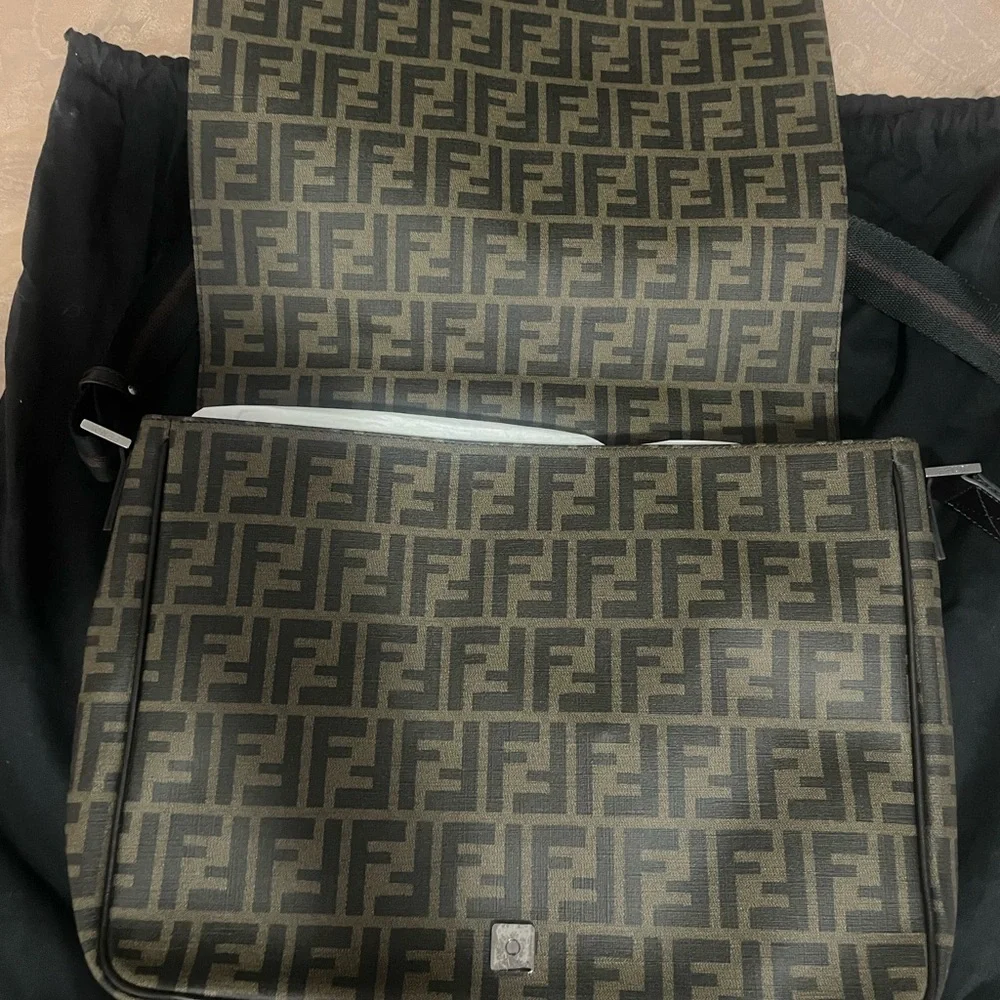 Fendi Mens Flap Messenger Bag Zucca Coated Canvas Medium